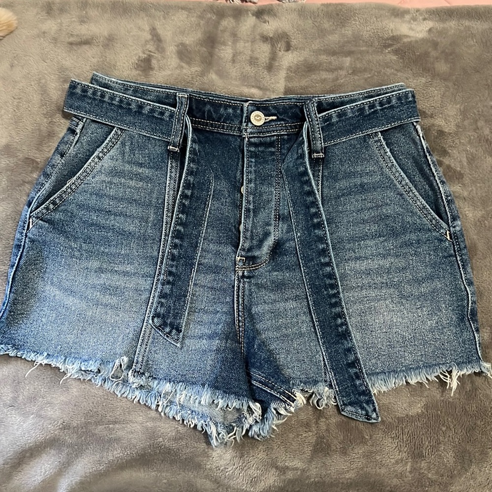 Blue bottom down denim shorts with belt. Ultra High-Rise Mom Shorts 3”